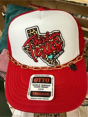 OTTO Red & White Kids Trucker Hat with Gold Chain & Texas Patch